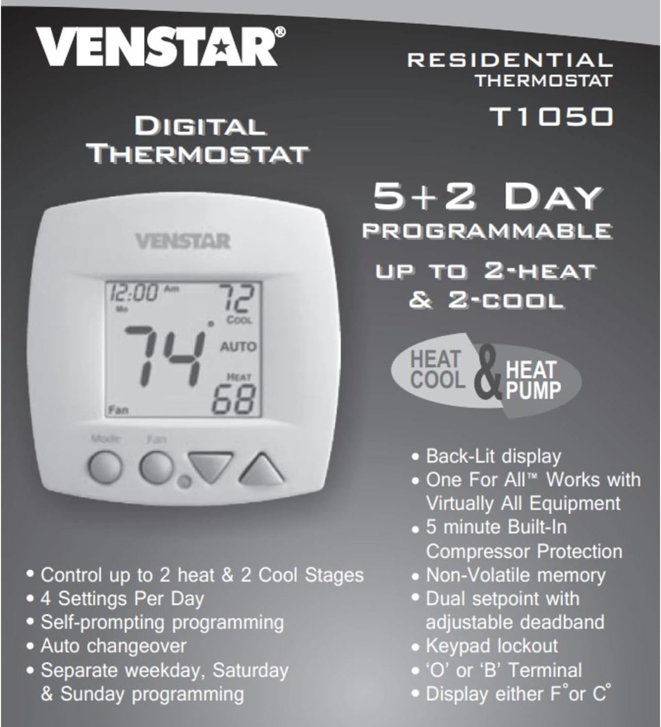 T1050 Venstar 2-Stage Heat/2-Stage Cool 5/2 Day Programmable Thermostat with Small Footprint auto Changeover, 4 time Periods per Day for Gas/Electrics, Heat Pumps, Electric & hydronic Heat