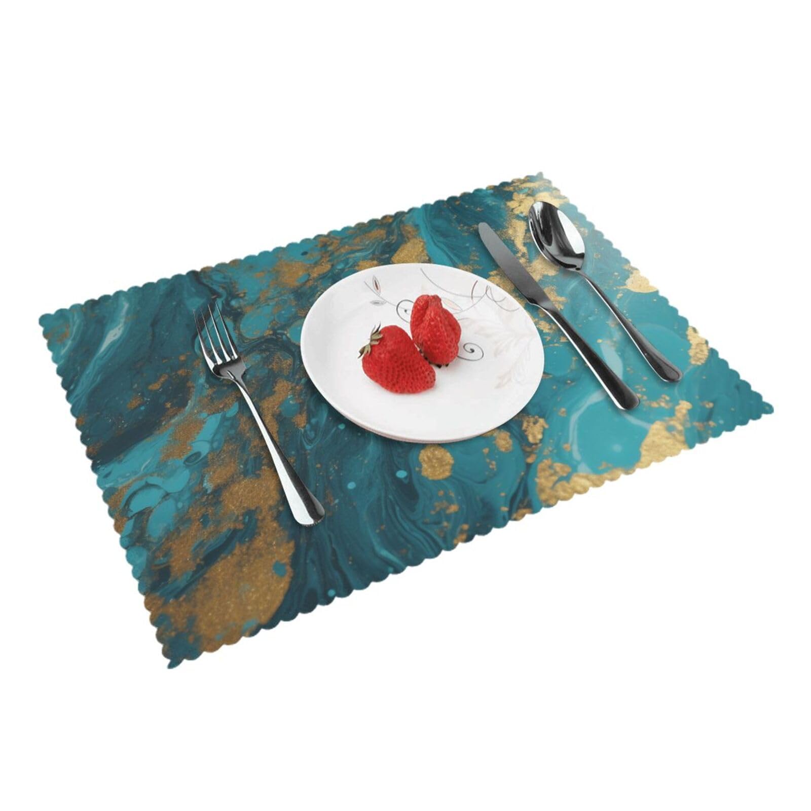Turquoise Blue Gold Marble Printed Placemat Heat Resistant Place Mats Set of 4 PCS Washable Kitchen Table Mats, 12x18 Inch
