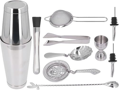 Juego de coctelera de 11 piezas, kit de camarero, juego de mezclador de bebidas de acero inoxidable, herramienta de mezcla de cóctel, colador de