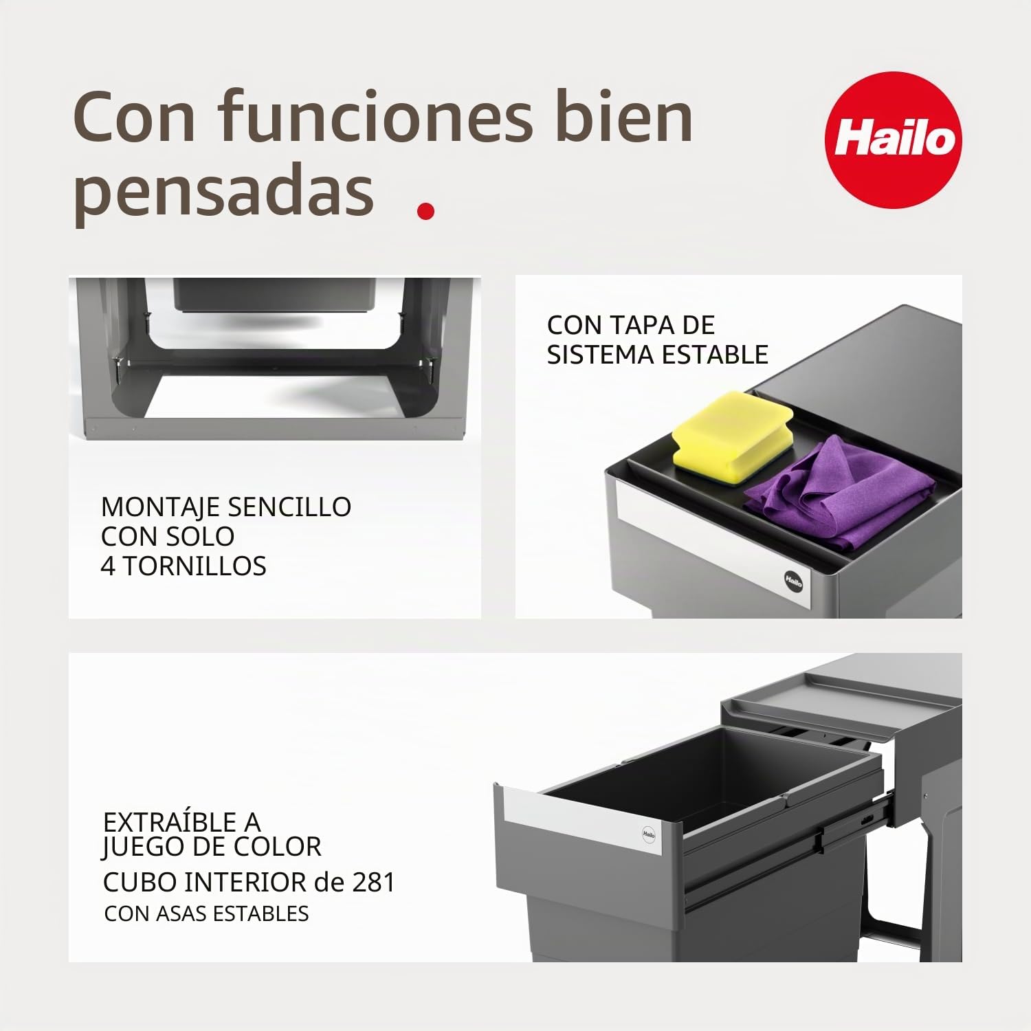 Hailo Cubo de basura 30 cm 3666911 | de empotrable Single Box 24 litros | | para armarios bajos a partir de de ancho | extracción telescópica manual | antracita de cocina Solo con sobreextracción