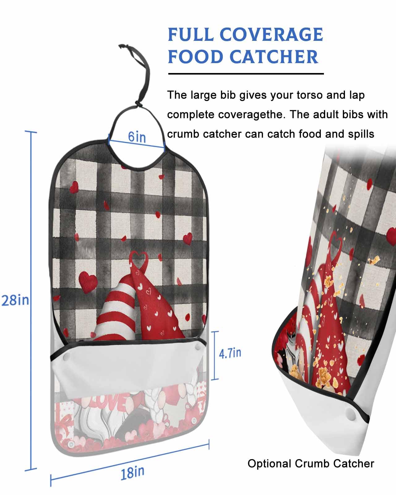 LEOKOTI Valentines Gnomes Adult Bibs for Eating, Waterproof Bibs with Food Catcher & Adjustable Snap Closure, Red Love Heart Watercolor Black Plaid Washable Clothing Protectors Adult Bibs for Elderly