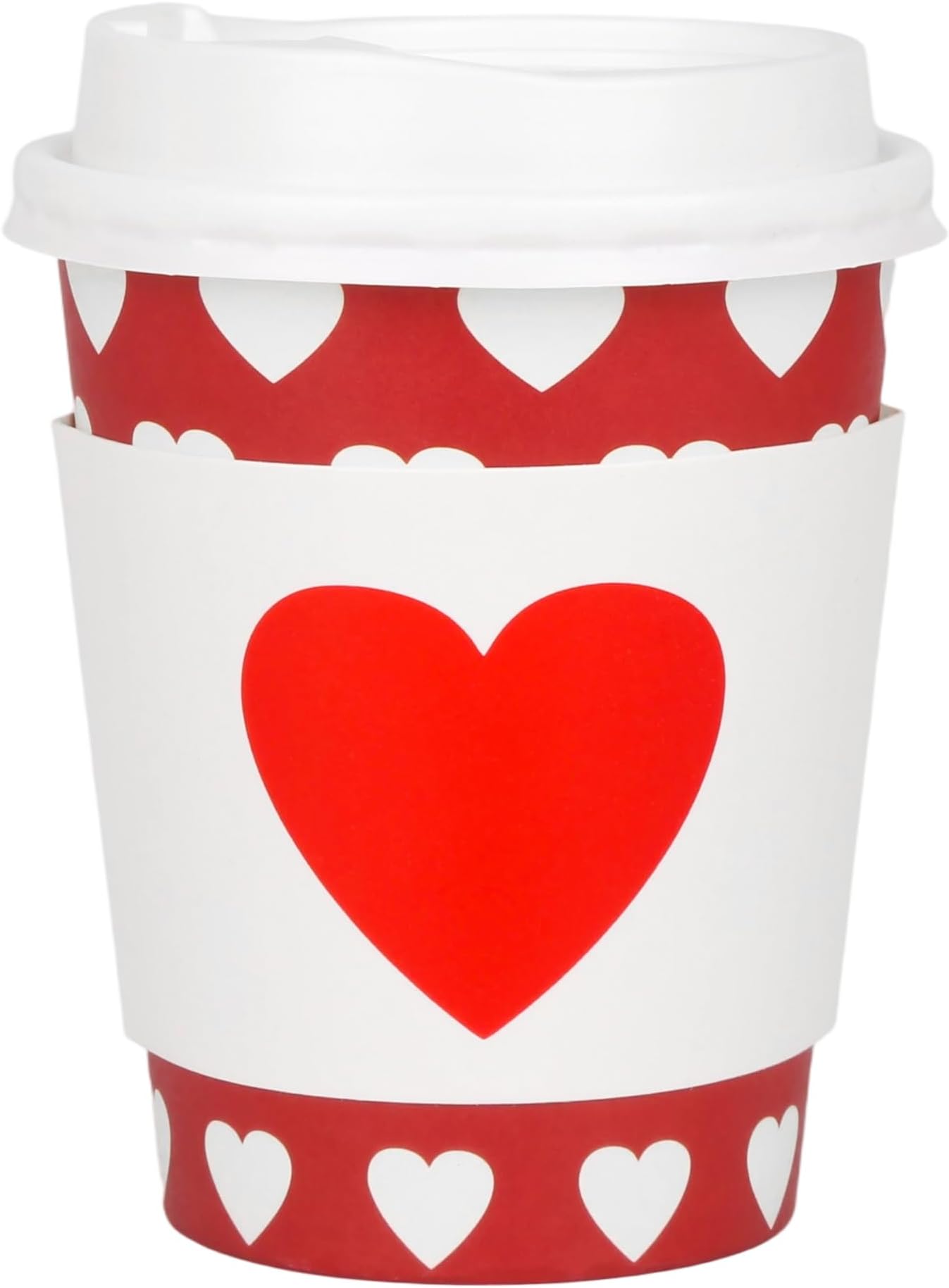 50Pcs Red White Heart Disposable Coffee Cups with Lids and Sleeves 8oz Valentine's Day Paper Drinking Cups for Wedding Anniversary Bride Shower Mother's Day Party Supplies