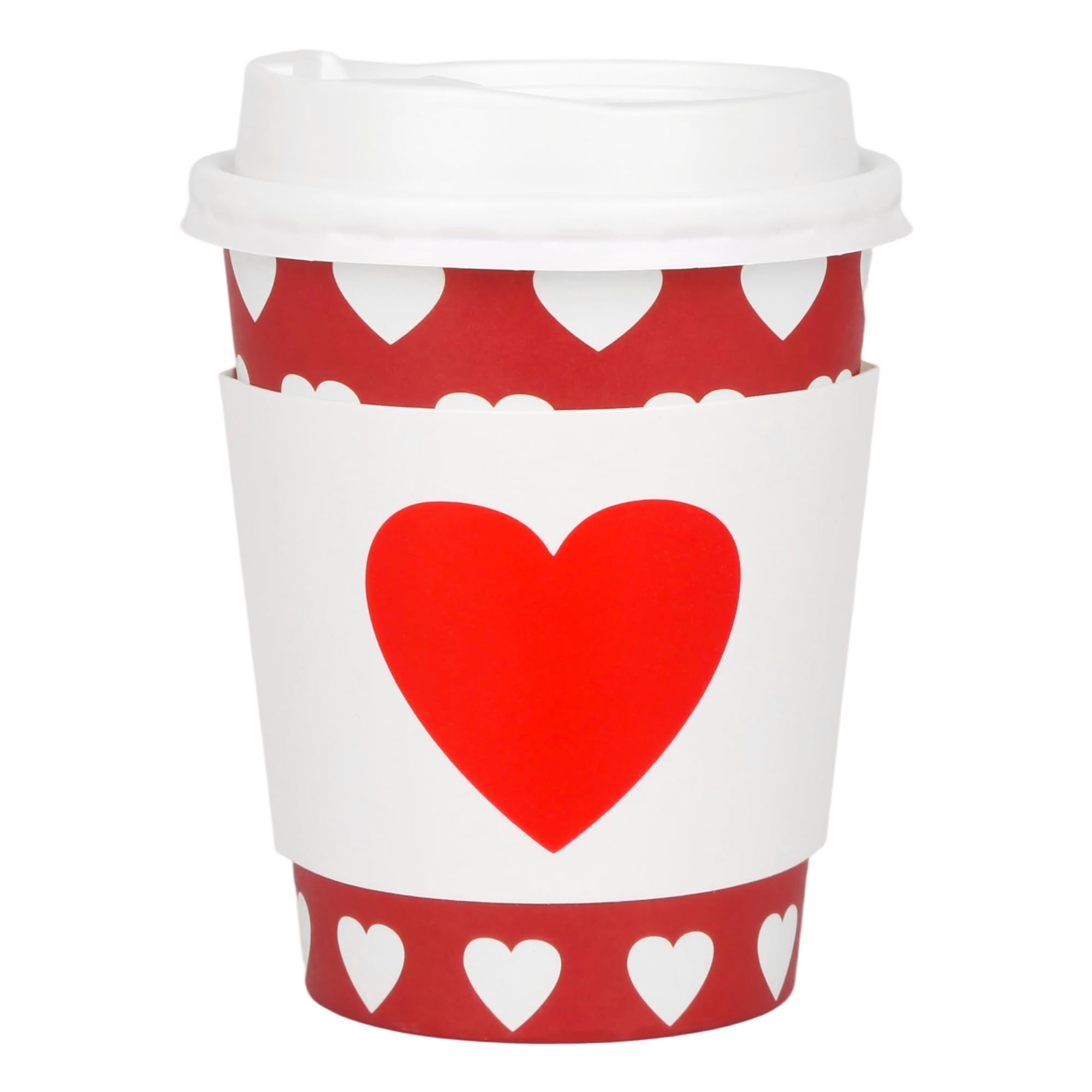 50Pcs Red White Heart Disposable Coffee Cups with Lids and Sleeves 8oz Valentine's Day Paper Drinking Cups for Wedding Anniversary Bride Shower Mother's Day Party Supplies