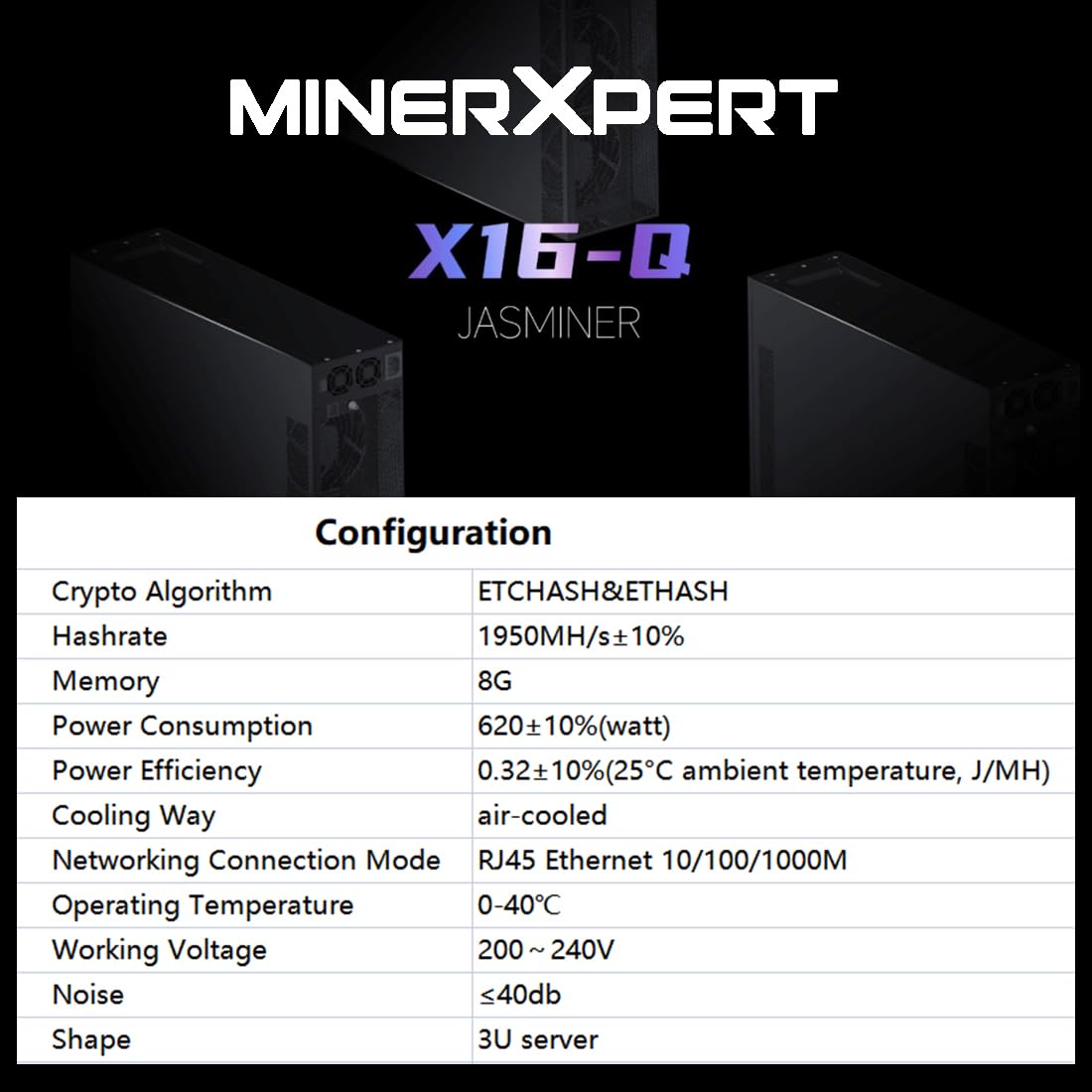 New Jasminer X16-Q 1950MH 620W 8G Miner ETC Ethereum Classic