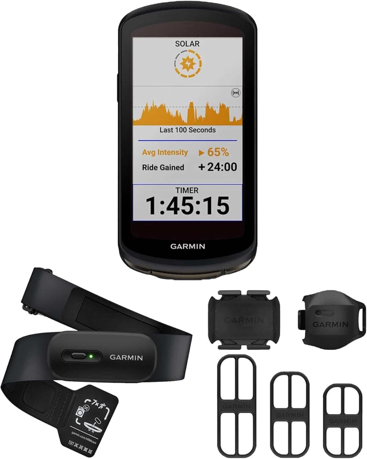 Edge 1040 Solar Bike Computer, HRM 200, Bike Speed Sensor 2 and Cadence Sensor 2 Bundle, Compatible with Garmin
