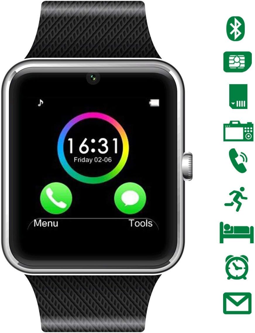 CHEREEKI Curved Screen Smartwatch, Bluetooth Smart Watch with Soft Strap, Supports SIM/TF Card, Remote Camera, Pedometer, Message Push, SMS, WhatsApp, Facebook, Twitter. (silver)