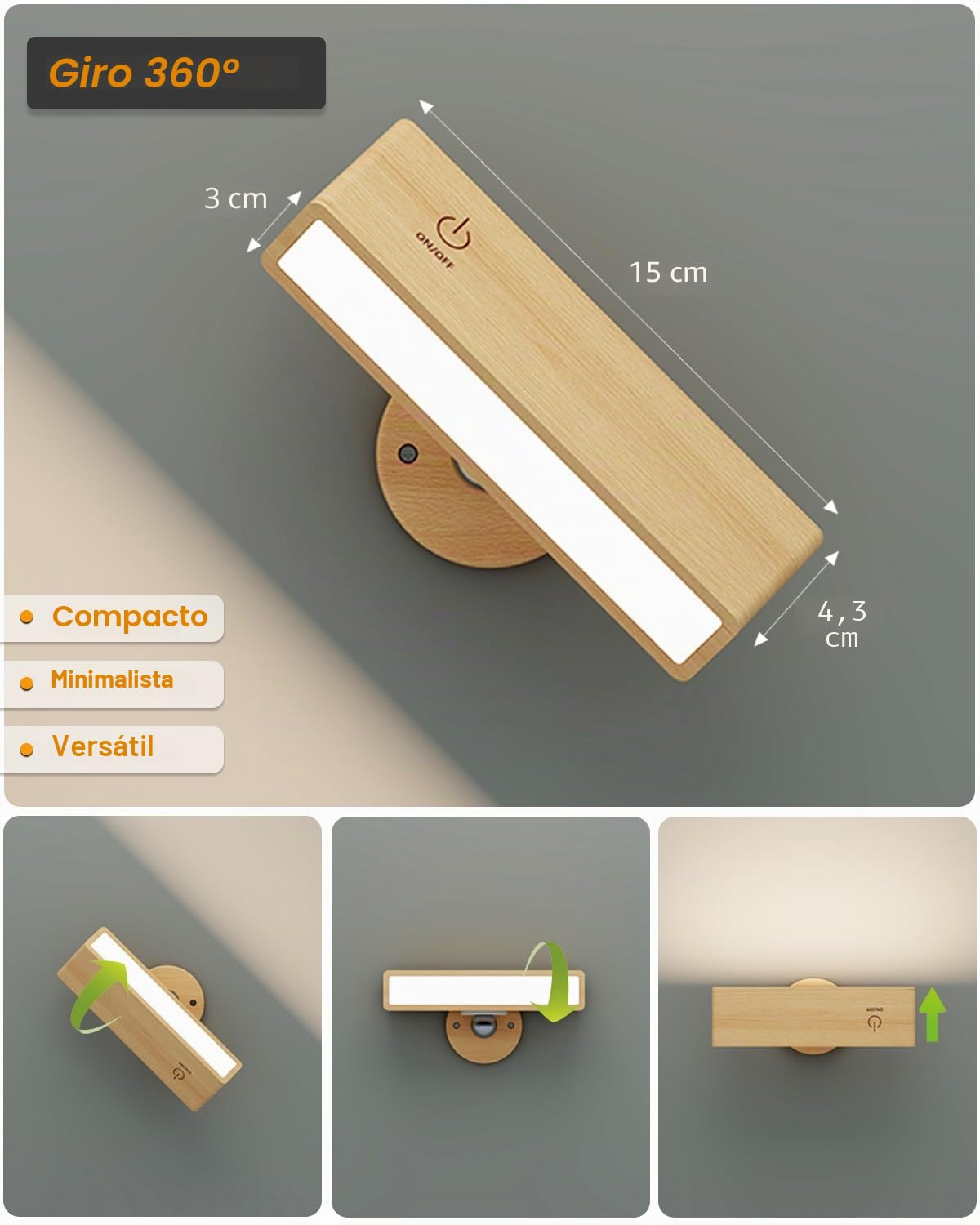 DetarZinLED Lámpara de Pared con Batería de Carga USB, Lampara Mesita Noche Recargable, Apliques de Interior Adhesivos para Dormitorio sin cable (Madera de haya, 2 Pcs)