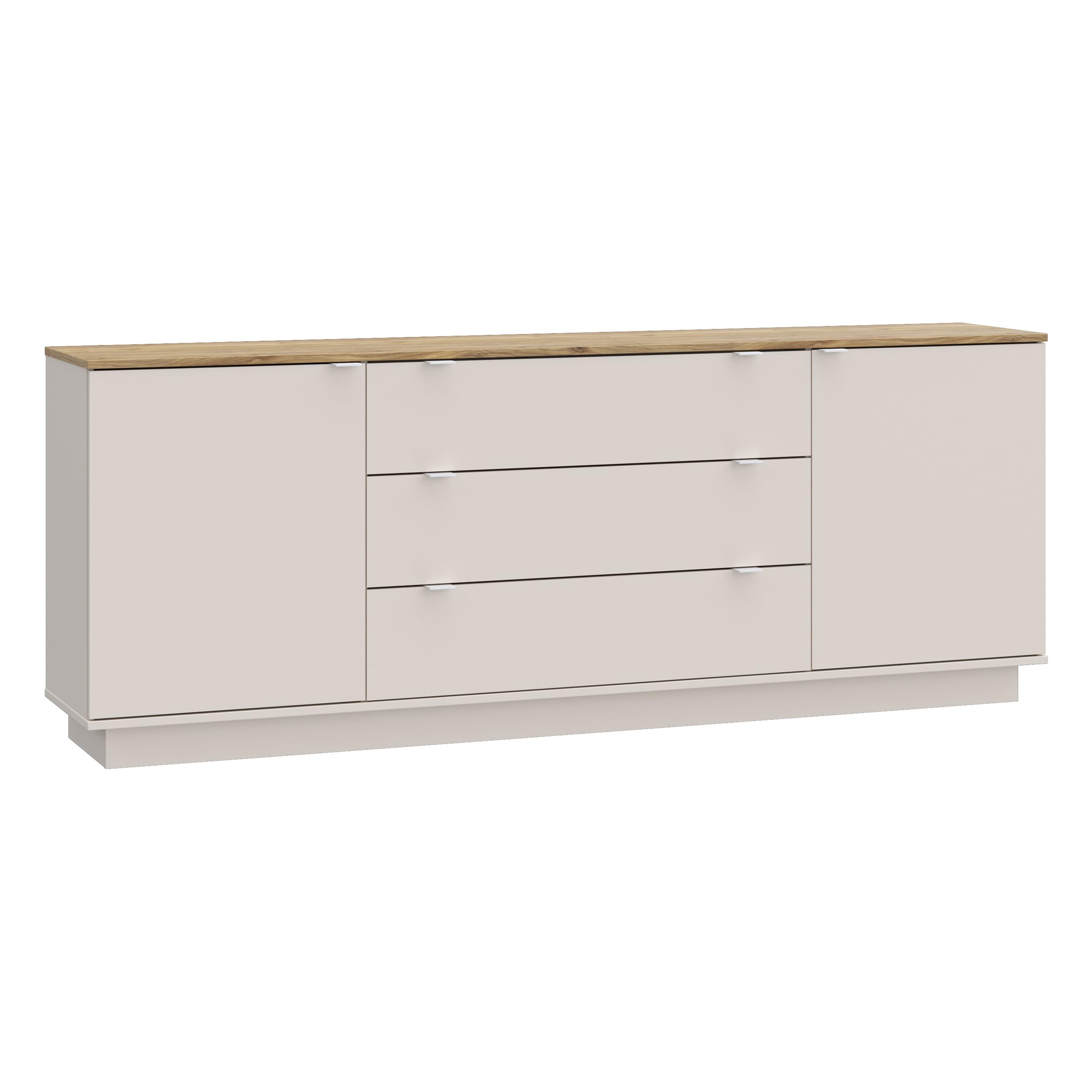 Forte GANYMEDE Sideboard 230, minimalistisches Sideboard, 2-türig, 3 Schubladen, Holzwerkstoff, Wohn-/Schlafzimmer, Mauvella Eiche Holzdekor|Kaschmirbeige, 224,5 cm breit x 85,7 cm hoch x 41,3 cm tief