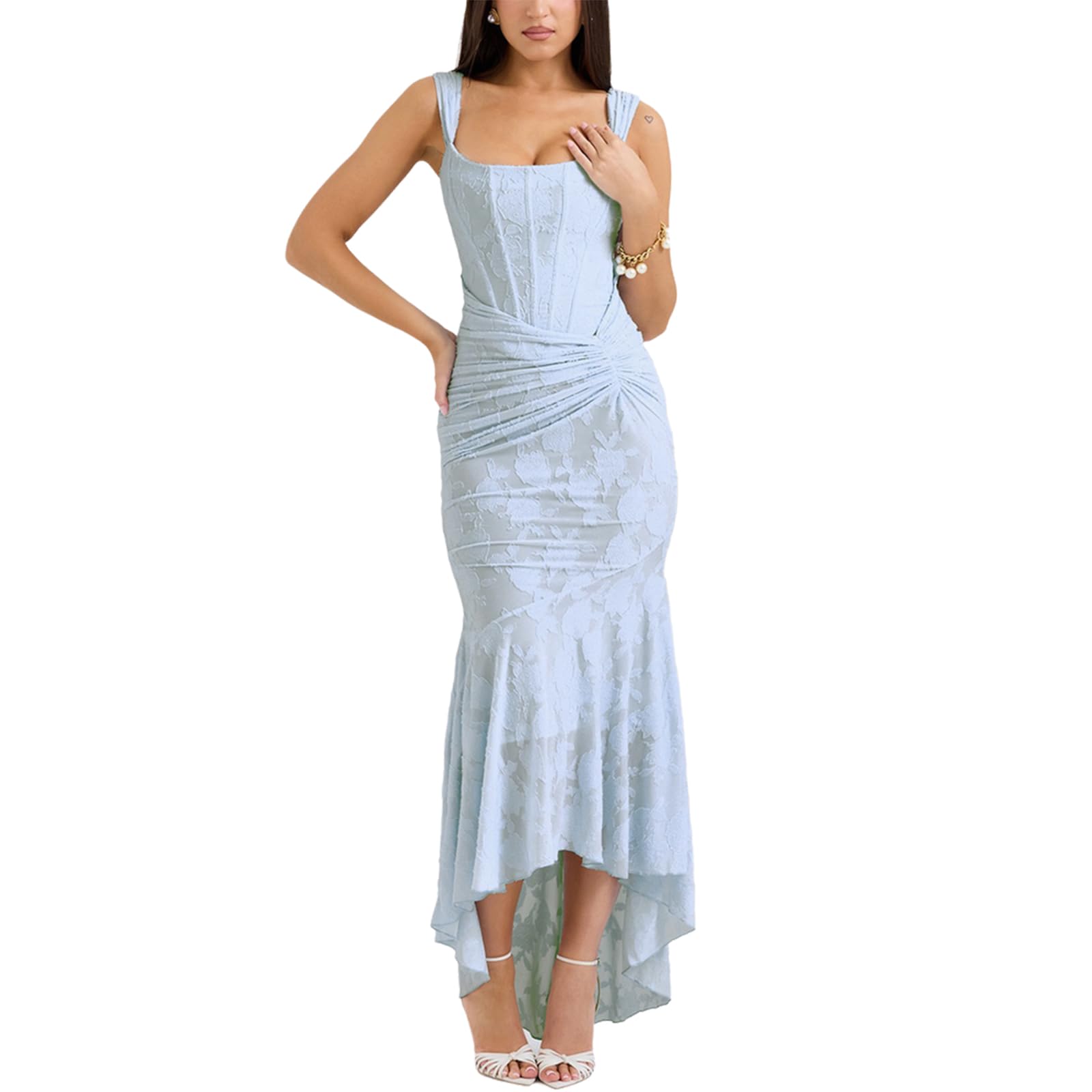cffvdiz Women's Sexy Square Neck Corset Halter Fishtail Long Dresses Sleeveless Slim Wrap Hip Bodycon Maxi Dress,Blue,S