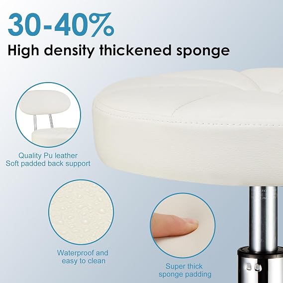 PU Leather Rolling Stool with Back Support, White