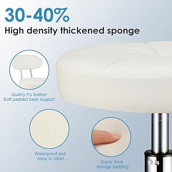 PU Leather Rolling Stool with Back Support, White