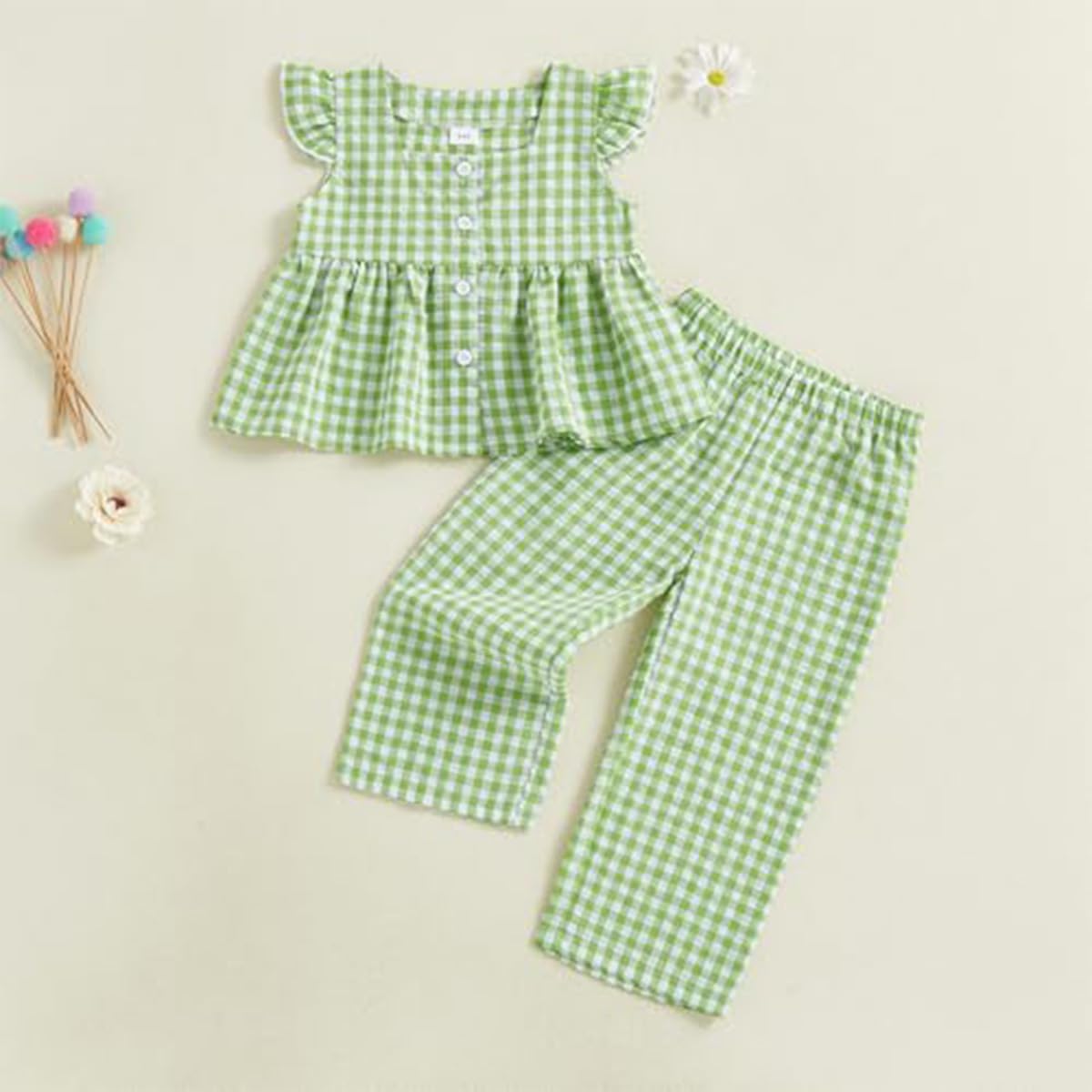 Conjunto Verano para Niñas Pequeñas Color Liso/Cuadros Sin Mangas Con Volantes Camisetas y Pantalones Anchos de Lino Ropa Infantil de Primavera - 2