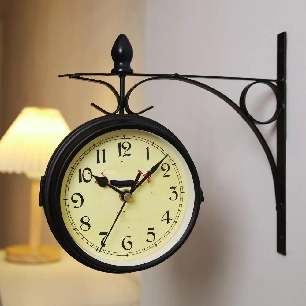 Bahnhofsuhr Doppelseitige Outdoor-Uhr, langlebige Metalluhr, Heimdekoration, Gartendekoration(Black-A)