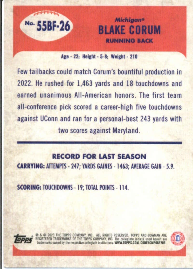 2023 Bowman University Chrome 1955 Football Refractor #55BF-26 Blake Corum Michigan Wolverines Football Card - Sportscard Superstore