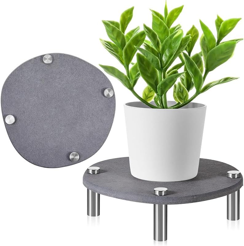 Garvee 2 Pack 7.8" Diatomaceous Earth Plant Saucers for Indoor, Absorbent Quick Drying Stone Plant Pot Trays with Stainless Steel Feet, No Holes Water Catcher Plates, Grey