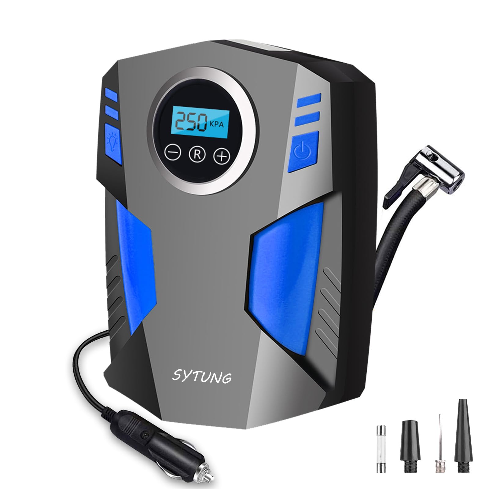 SYTUNG Compressore Aria Portatile, Compressore Aria Portatile Auto con 3 Adattatori per Ugelli e Luci LED Digitali per Pneumatici per Auto e Altri Prodotti Gonfiabili