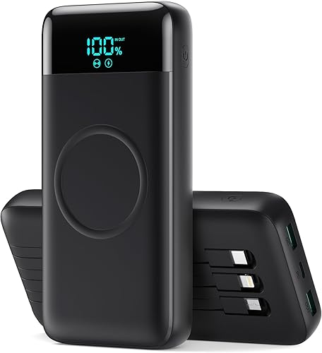 Cargador portátil inalámbrico de 40800 mAh para iPhone con 3 cables integrados, 7 en 1 de 15 W, cargador de batería USB C, pantalla LCD de 25 W, PD