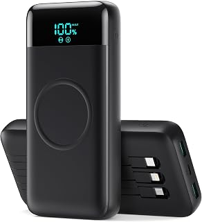 Wireless Portable Charger 40800mAh with 3 Built-in Cables,7-in-1 15W Wireless Charging Power Bank,25W PD QC 4.0 Fast Charging USB C LCD Display Battery Pack for iPhone 17/16/15/13,Samsung,Android etc
