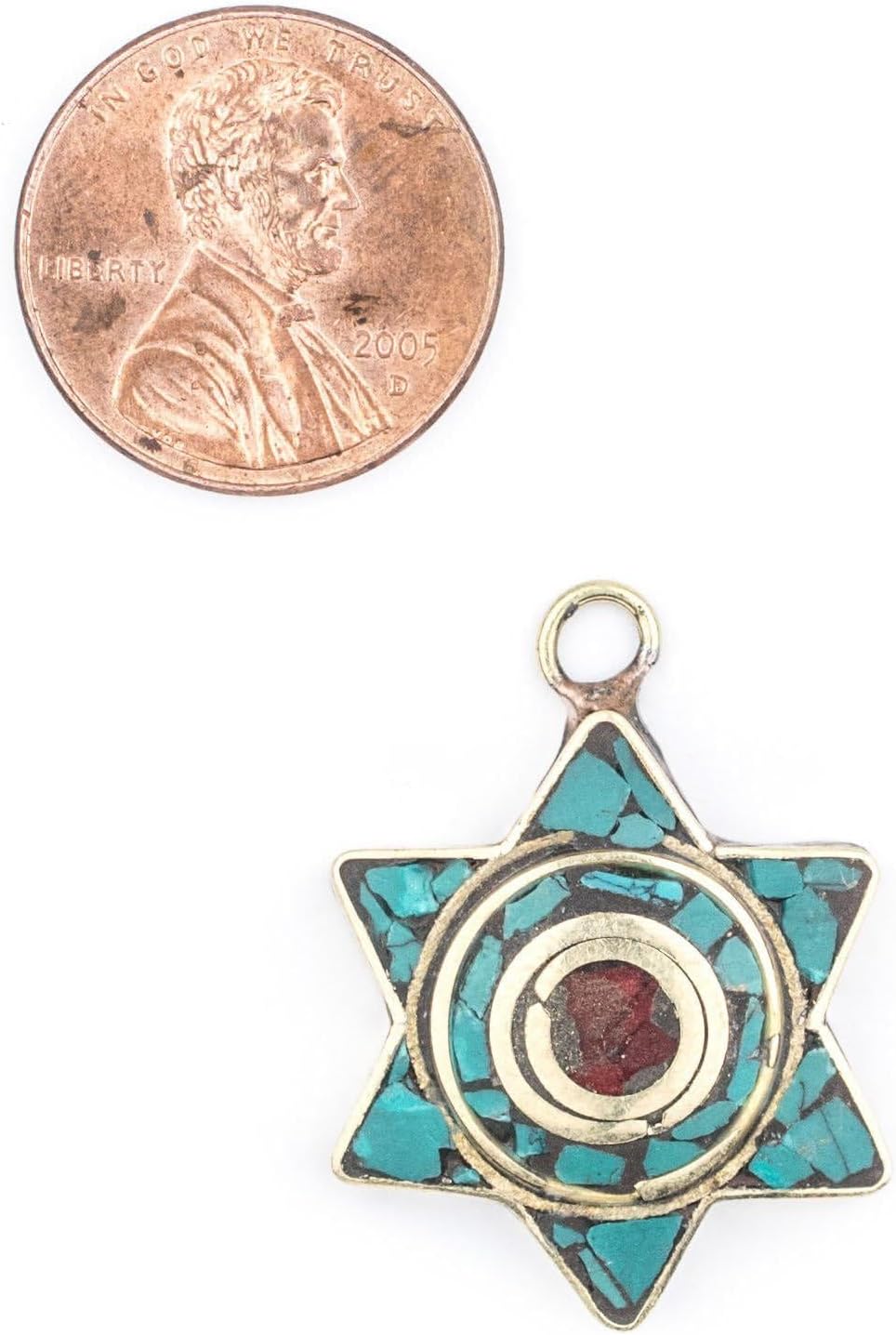 The Bead Chest Nepali Star of David Pendant: Authentic Ethnic Judaica Brass Charm Inlaid with Stone for DIY Necklace and Jewelry (Turquoise & Coral)