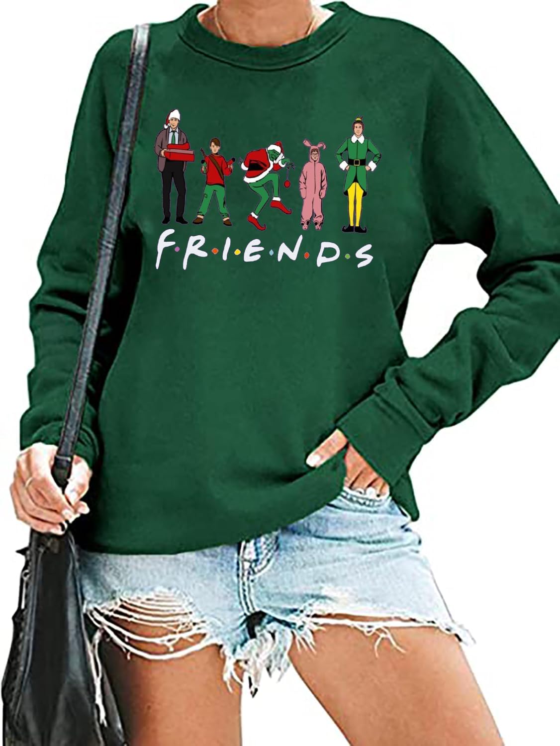 Christmas Friends Sweatshirt Women Funny Cartoon Graphic Pullover Top Christmas Movie Shirt Xmas Party Long Sleeve Tee (XL, Green10)