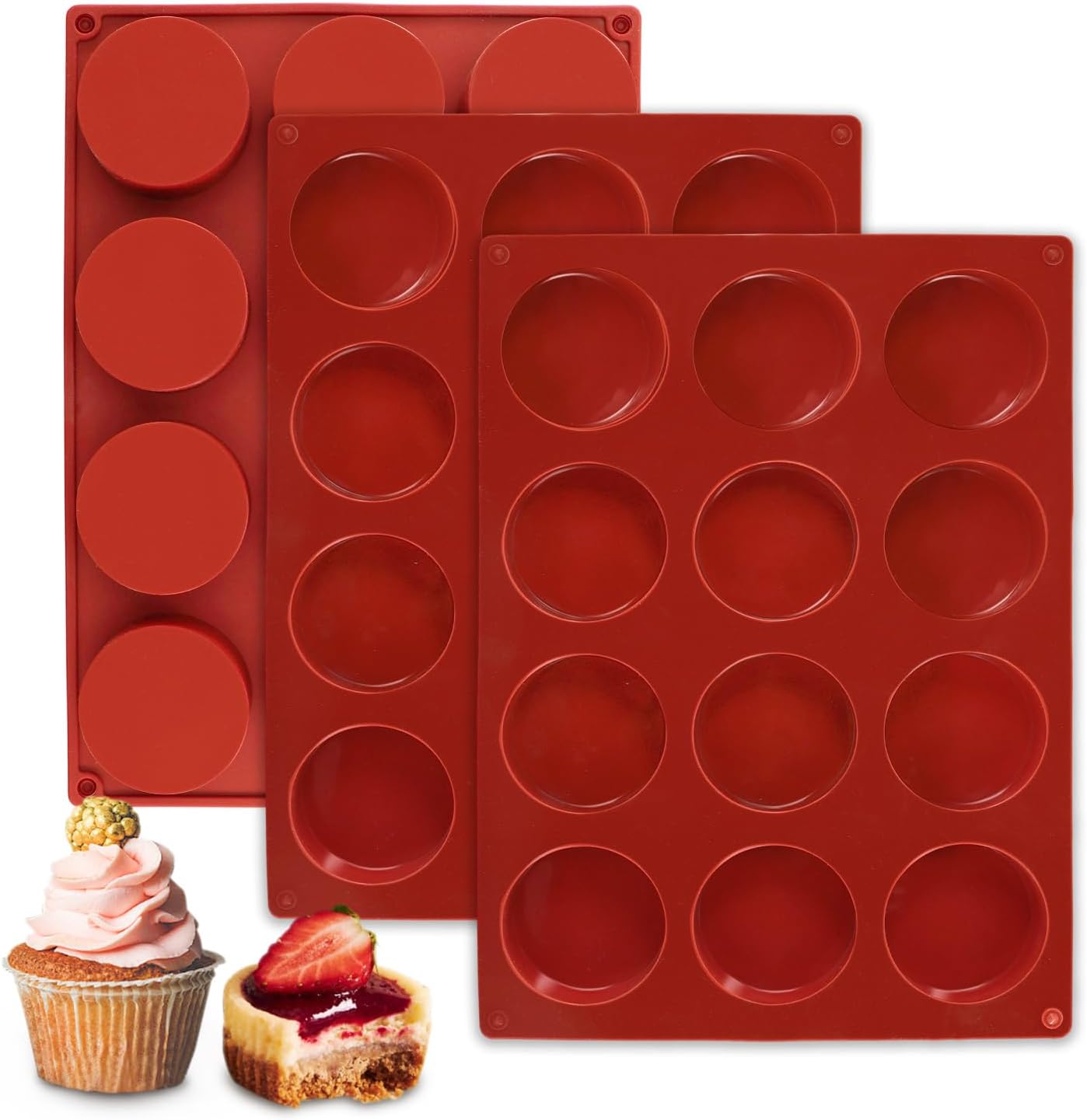 3-Pack Silicone Egg Molds - 2.1x0.85 Inch Round English Muffin & Breakfast Sandwich Maker, Reusable Non-Stick Baking Pan for Egg Patties, Whoopie Pies, Oven Safe (3Pc-12cups)