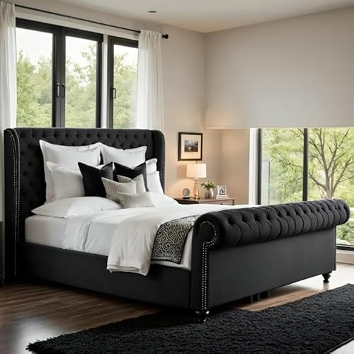 King Sleigh Beds Foxley Chesterfield Royal Sleigh Bed Frame, Plush Velvet Upholstery, with Mattress/Gas Lift Option, UK Made (Choose your Size)