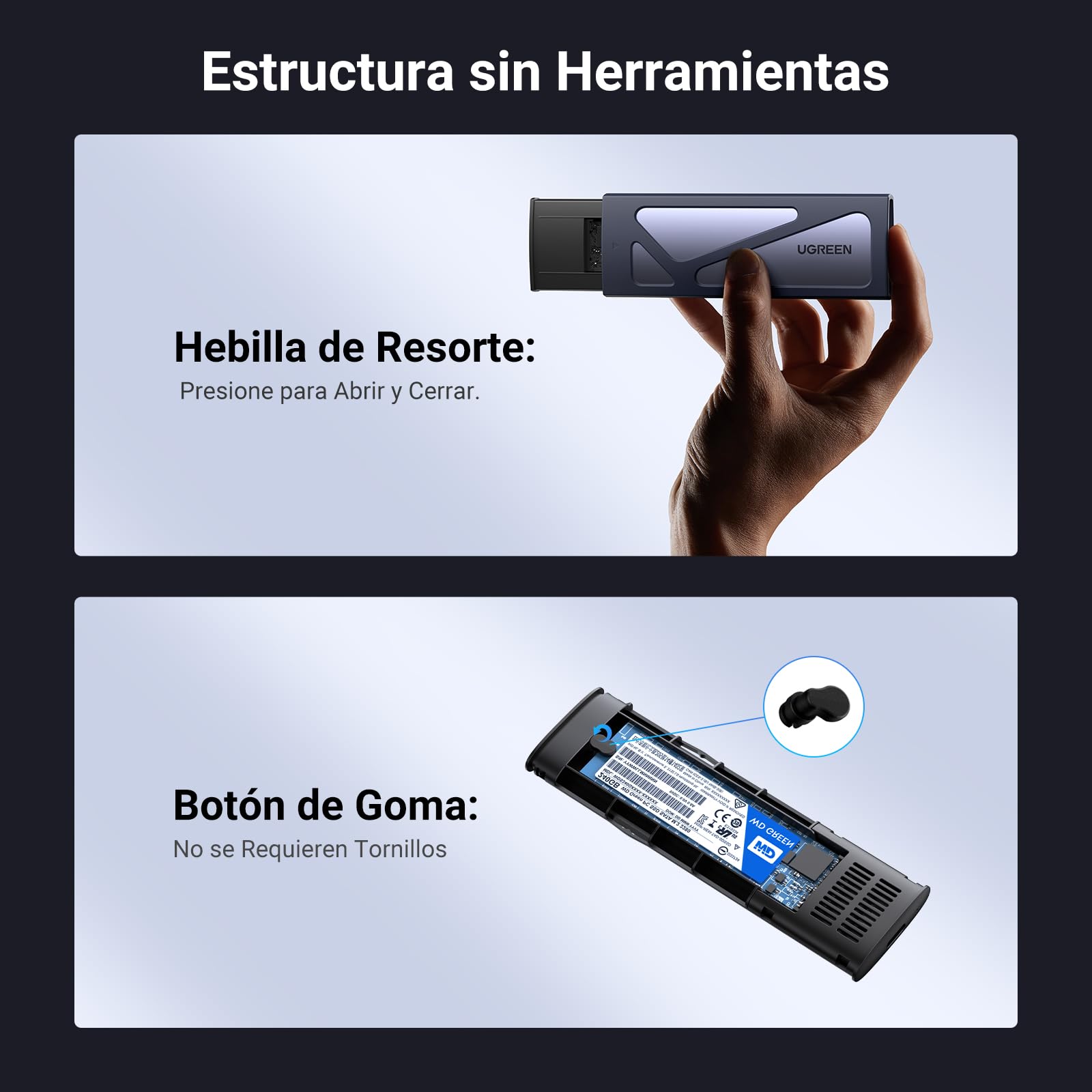 UGREEN Carcasa M.2 NVMe, Caja SSD M2 con UASP USB C 3.2 Gen 2 10Gbps para M/ B+M Key 2230/2242/2260/2280, con Cable Type C y A