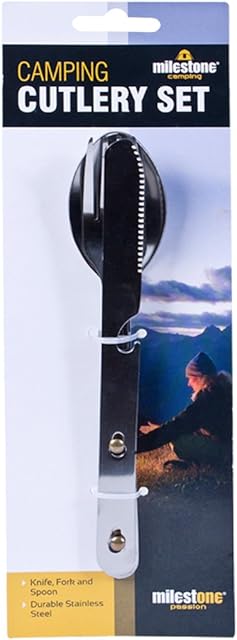 Milestone Camping 65660 4-in-1 Camping Utensils Set / Contains Fork, Knife, Spoon / Built-In Bottle Opener Included / Stainless Steel Material / Storage Lock System