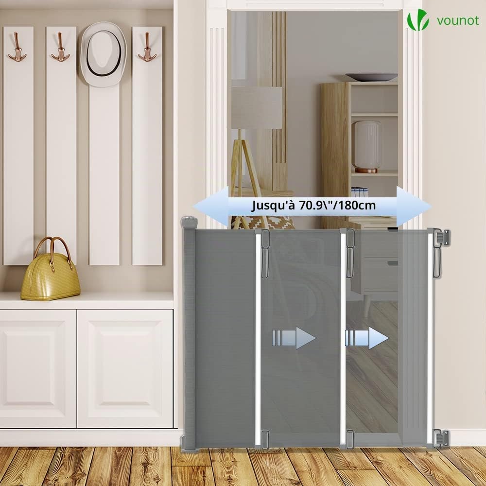 vounot® Barrière de Sécurité Rétractable 0 à 180cm pour Chiens Barrière d’Escalier et de Portes Barrière Relocalisable et Enroulable Gris