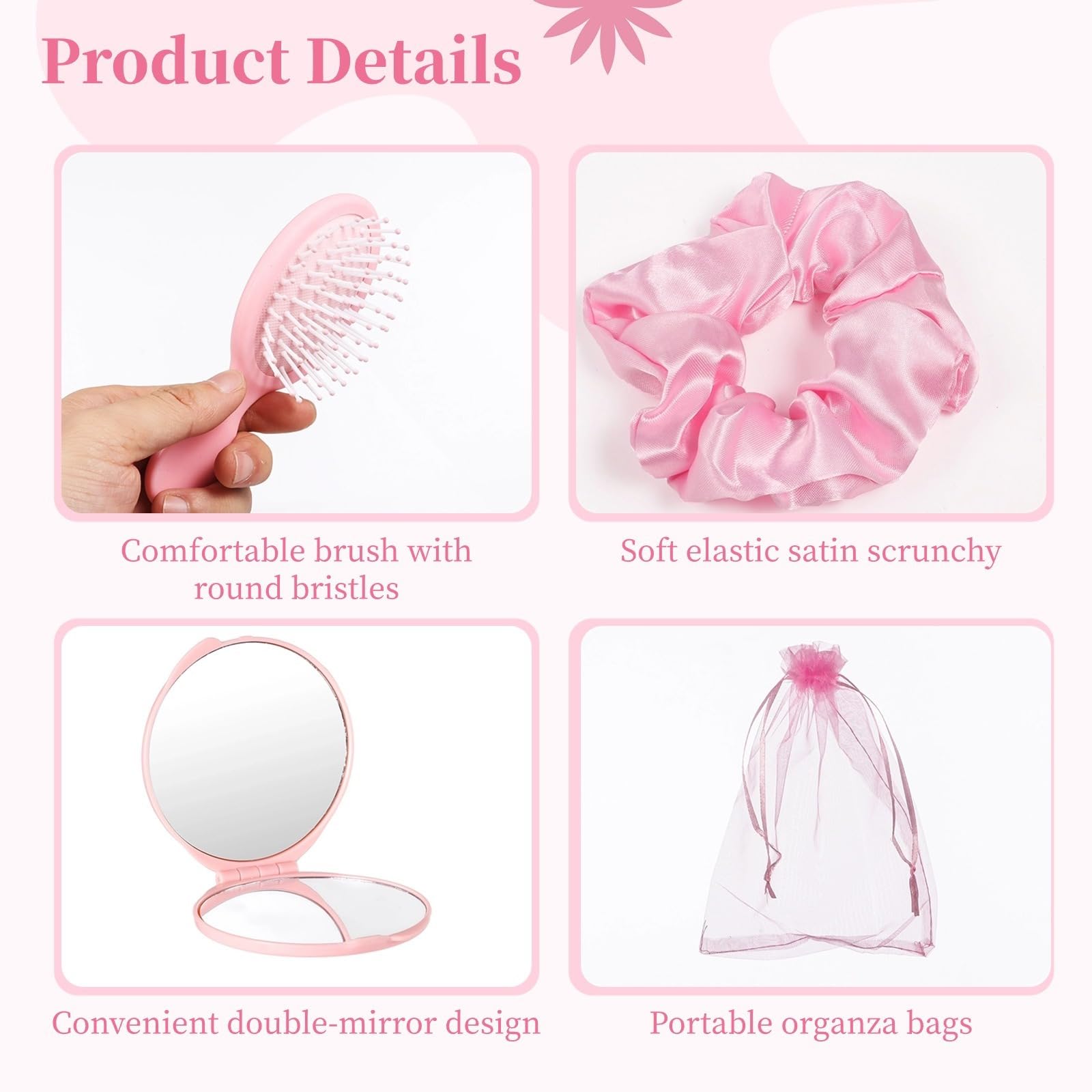 48 Partygeschenke, Haarbürsten, elastische Haargummis, Kompaktspiegel, Organza-Beutel, Make-up-Pinsel-Set für Frauen und Mädchen