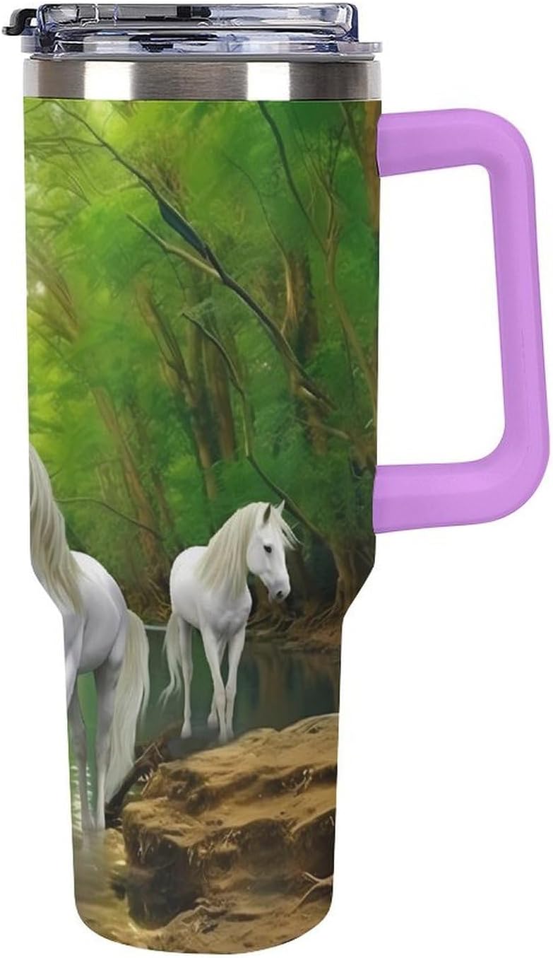 Three White Horses Green Forests 40 Oz Stainless Steel Cup Travel Tumbler with Handle and Straw Lightweight Coffee Mug for Home Office