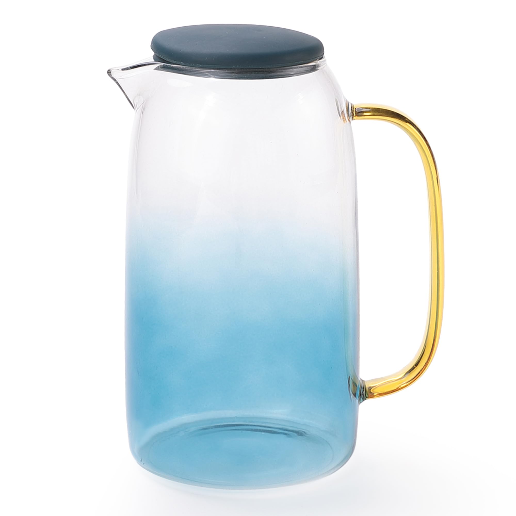The Better Home Zest Premium 1.5 LTR Glass Jug with Silicone Lid and Handle | Leakproof Pitcher for Water, Cold Brew, Tea, Iced Coffee, Lemonade | Heat Resistant | Housewarming Gift | Blue, 2100 Ml