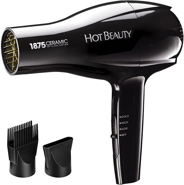 Hot Beauty 1875 Ceramic Styler Hair Styling Blow Dryer 2 Attachments Included Lightweight and Fast Dry Multi Heat Speed Setting Perfect Size for Home or Travel