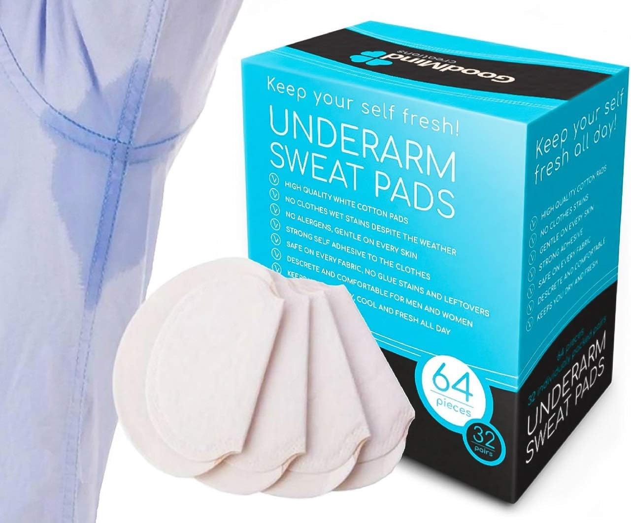 Underarm Sweat Pads [64pcs/32pairs] Keep Your Armpits Fresh, Guard your Shirt Stop Sweat Spots or Stains Fight Excessive Sweating with Disposable Individually Packed Pairs Cotton Pads.