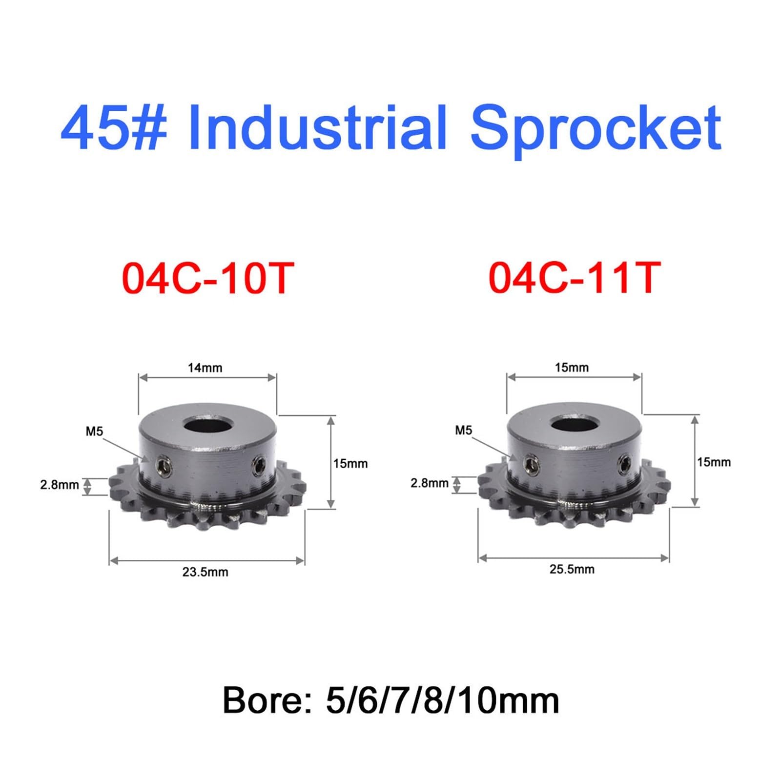 Bevel Gear Pinion Hardware Mechanical 1Pc 04C 10 Teeth Chain Gear Industrial Sprocket Wheel Bore 5/6/7/8/10mm Tooth Thickness 2.8mm(5mm)