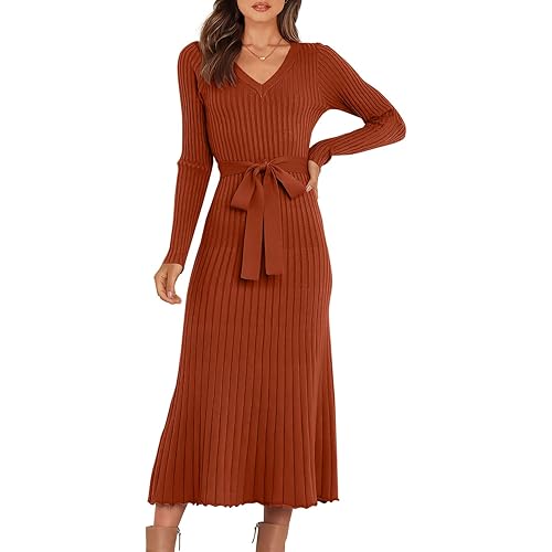 ANRABESS Women's Sweater Dress 2023 Fall Long Sleeve V Neck Tie Waist Slim Fit Elegant Ribbed Knit Bodycon Midi Dress