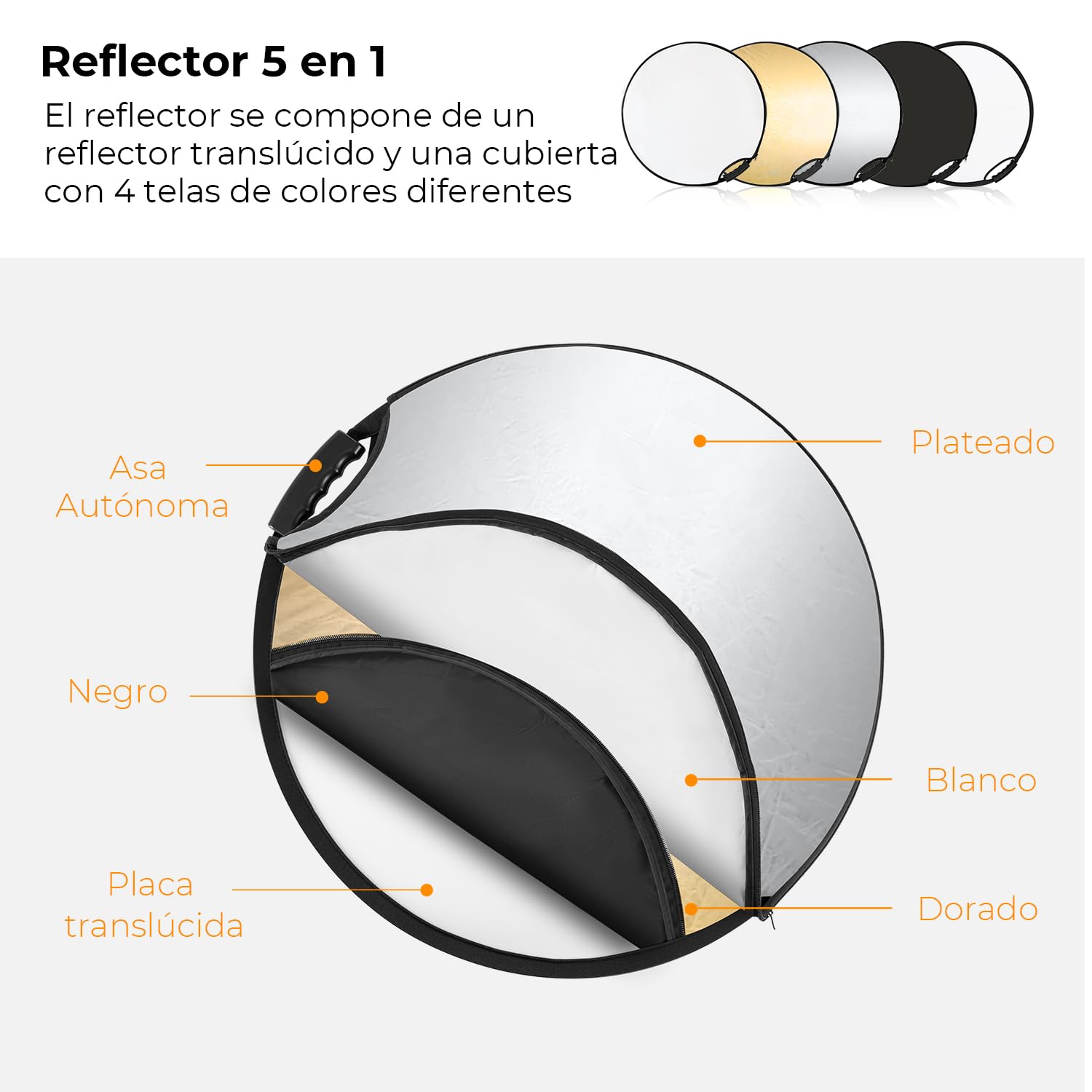 K&F CONCEPT Reflector de Luz 5 en 1 Difusor de Fotografía de 22"(60cm) Colapsable Portátil para Iluminación de Estudio y Exterior Oro Plata Blanco Negro Translúcido