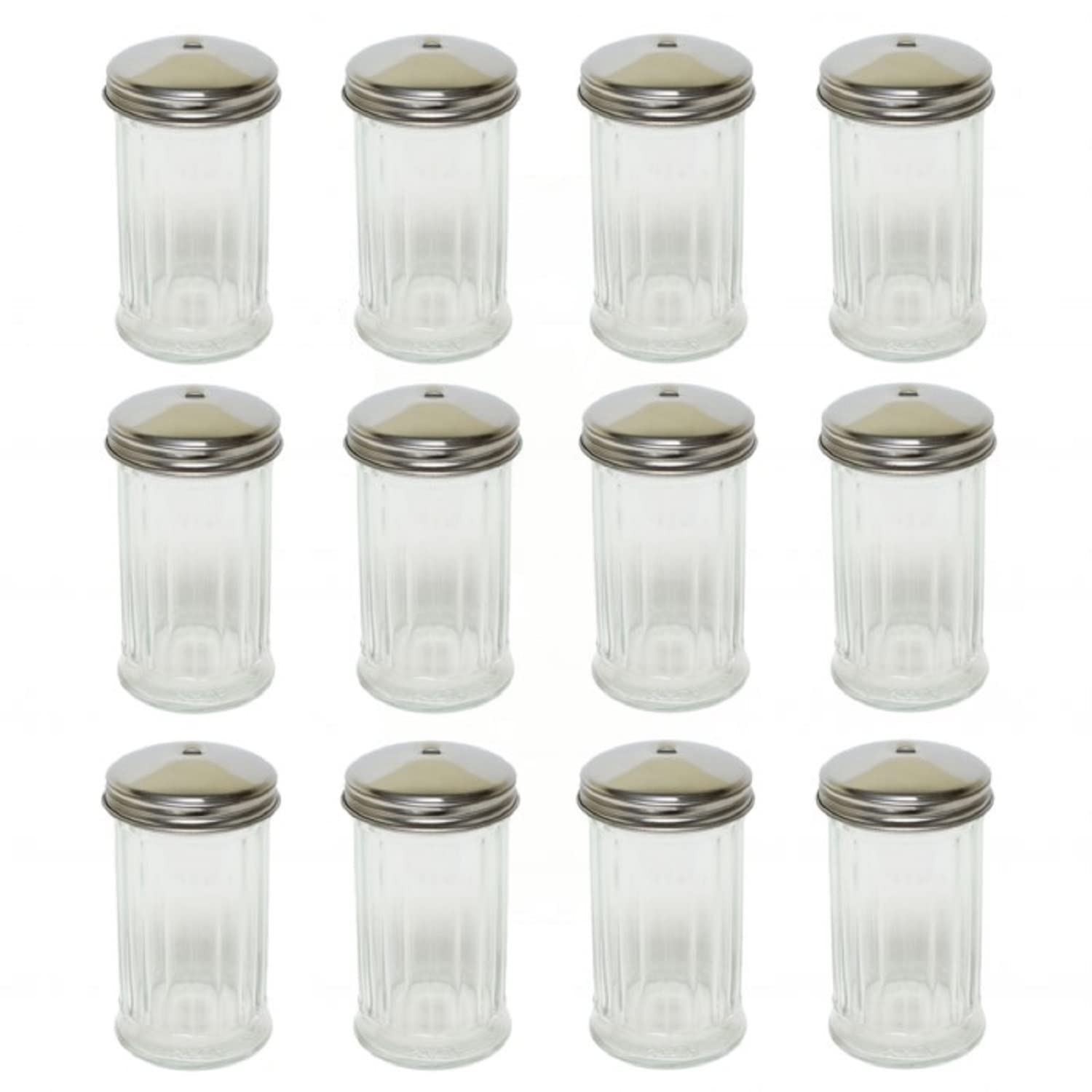 TrueCraftware- 12 oz. Sugar Cheese Shaker Pourer with Stainless Steel Hole Cap Set of 12- Paneled design Sugar Cinnamon Sugar Pepper Powder Cocoa Shaker for Kitchen and Restaurants