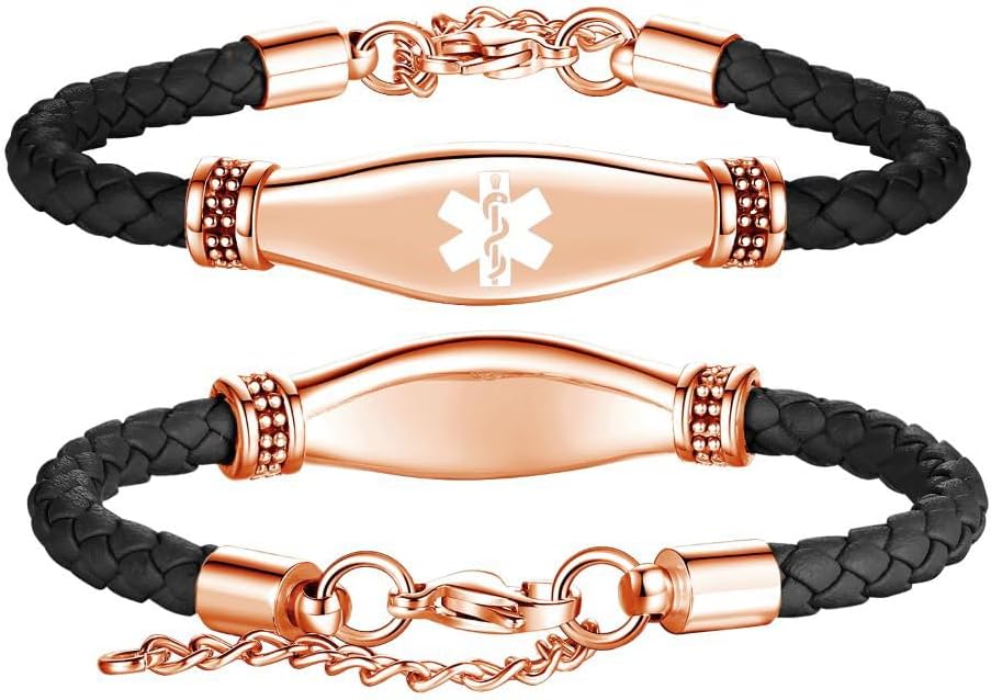 LinnaLove Medical Alert Bracelets for Women Beautiful Female Leather Medical ID Bracelets with Free Engraving