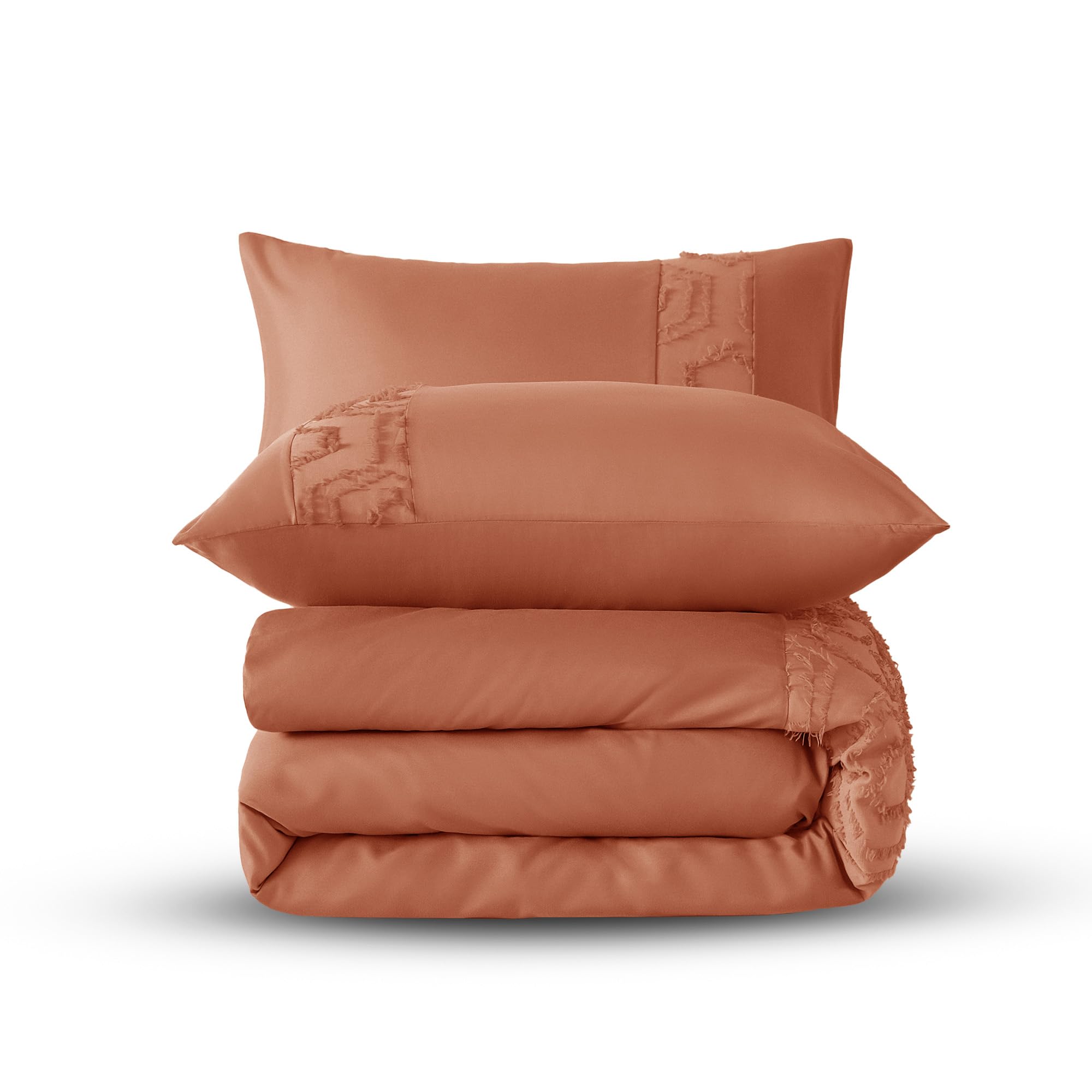 Velosso Boho Chic Hex Tufted Duvet Cover Set Burnt Orange – Soft Brushed Microfibre Bedding with Geometric Fringe – Easycare Quilt Cover with Pillowcase (Single)