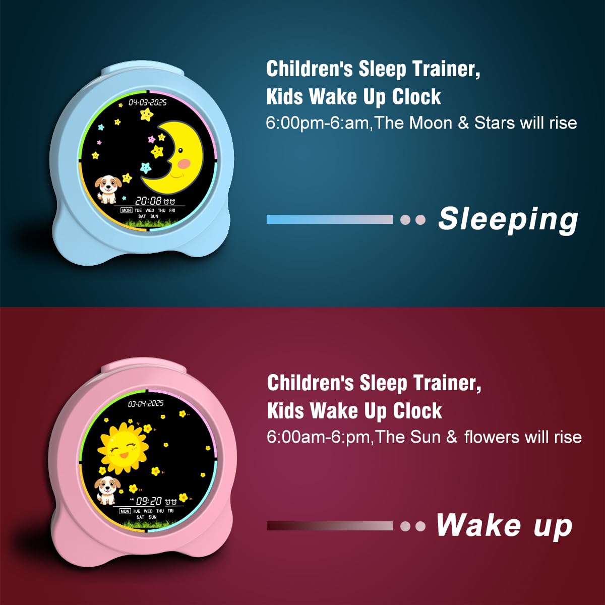 Sveglia per bambini, display a LED con sole e luna, con giorno e data, OK to Wake Clock con luce notturna, per bambini e bambini, regalo per ragazzi e ragazze (blu)