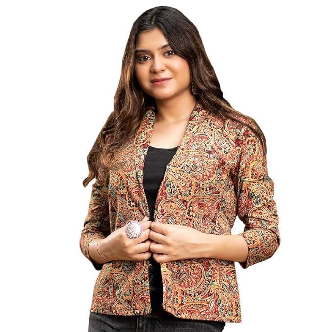 fabcurate curate your own fabric Fabcurate Stunning Paisley Printed Blazer for Women Multi-Colour | Shawl Collar with 3/4 Sleeves Jacket for Ladies | Fashionable Casual Wear for Party-picture-39