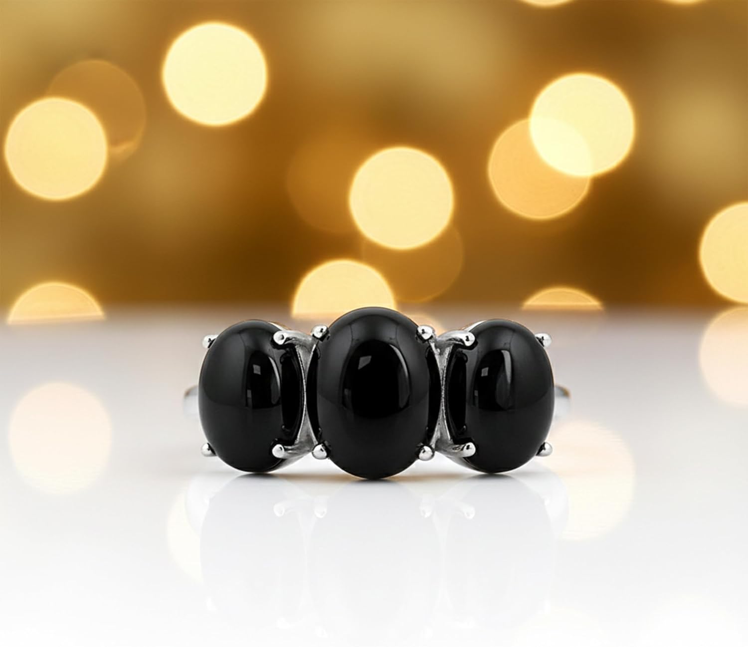 GEMHUB 26.1 Ct Natural Oval Cut Black Onyx Ring 925 Sterling Silver Three Stone Gemstone Ring for Women Size 4-11