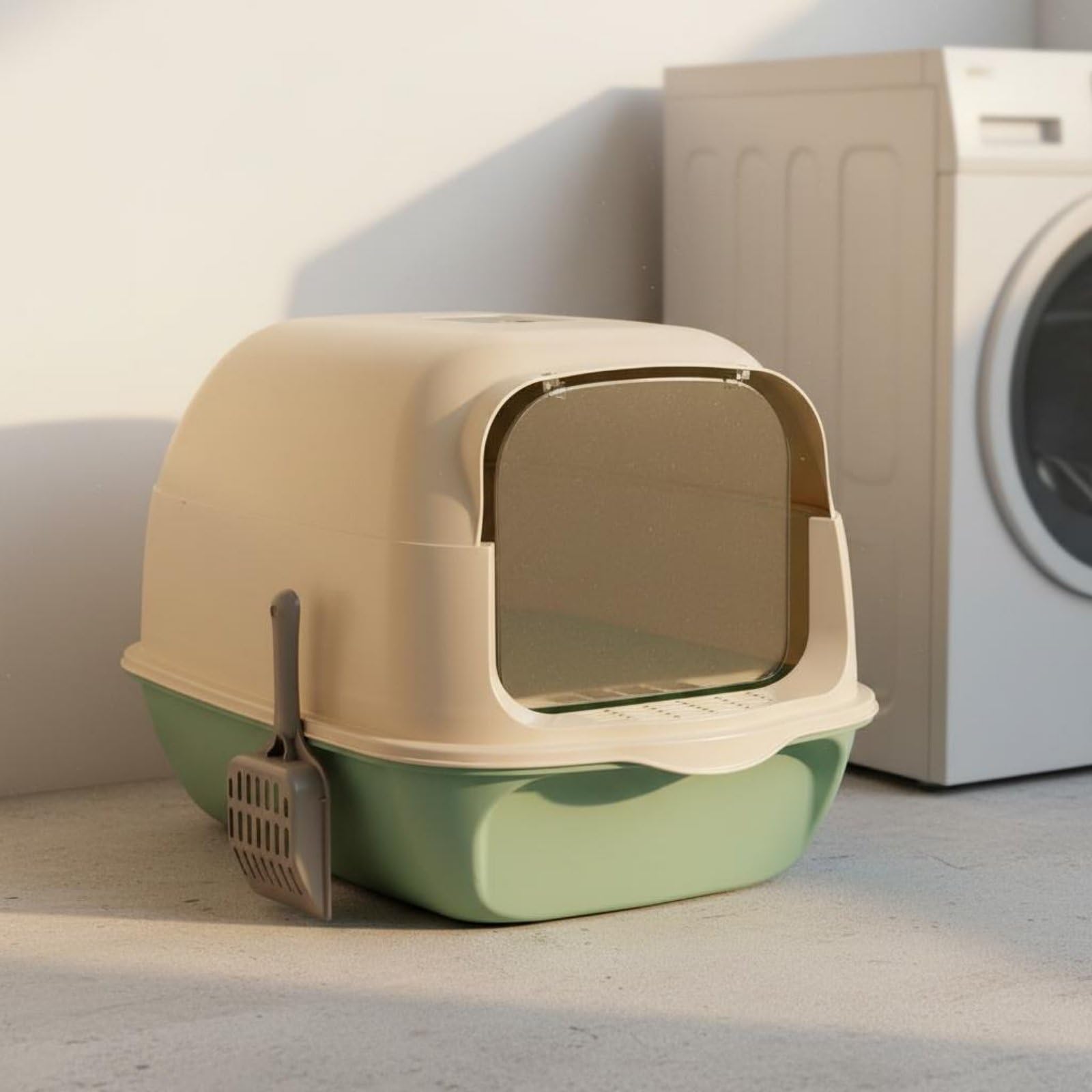 Bandeja de Arena para Gatos Caja de Arena Arenero Baño de Gato con Tapa Abisagrada y Base Extraíble Control de Olores con Área para Carbón Activo PP, Green