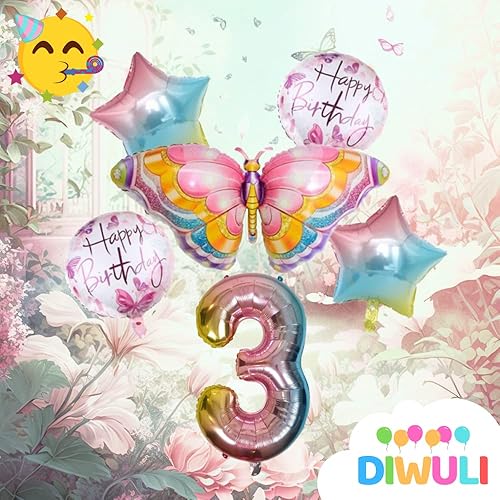 Miniatura 2 de DIWULI Juego de globos de mariposa para decoración de cumpleaños de 3 años, globos de mariposa, fiesta de mariposas, globo número 3, arcoíris rosa,