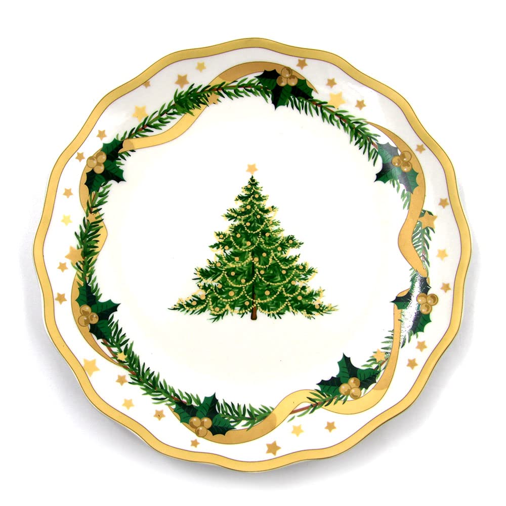 Service de vaisselle de Noël doré pour 6 places (18 pièces) en porcelaine brillante - Convient au lave-vaisselle et au four - Gold Christmas