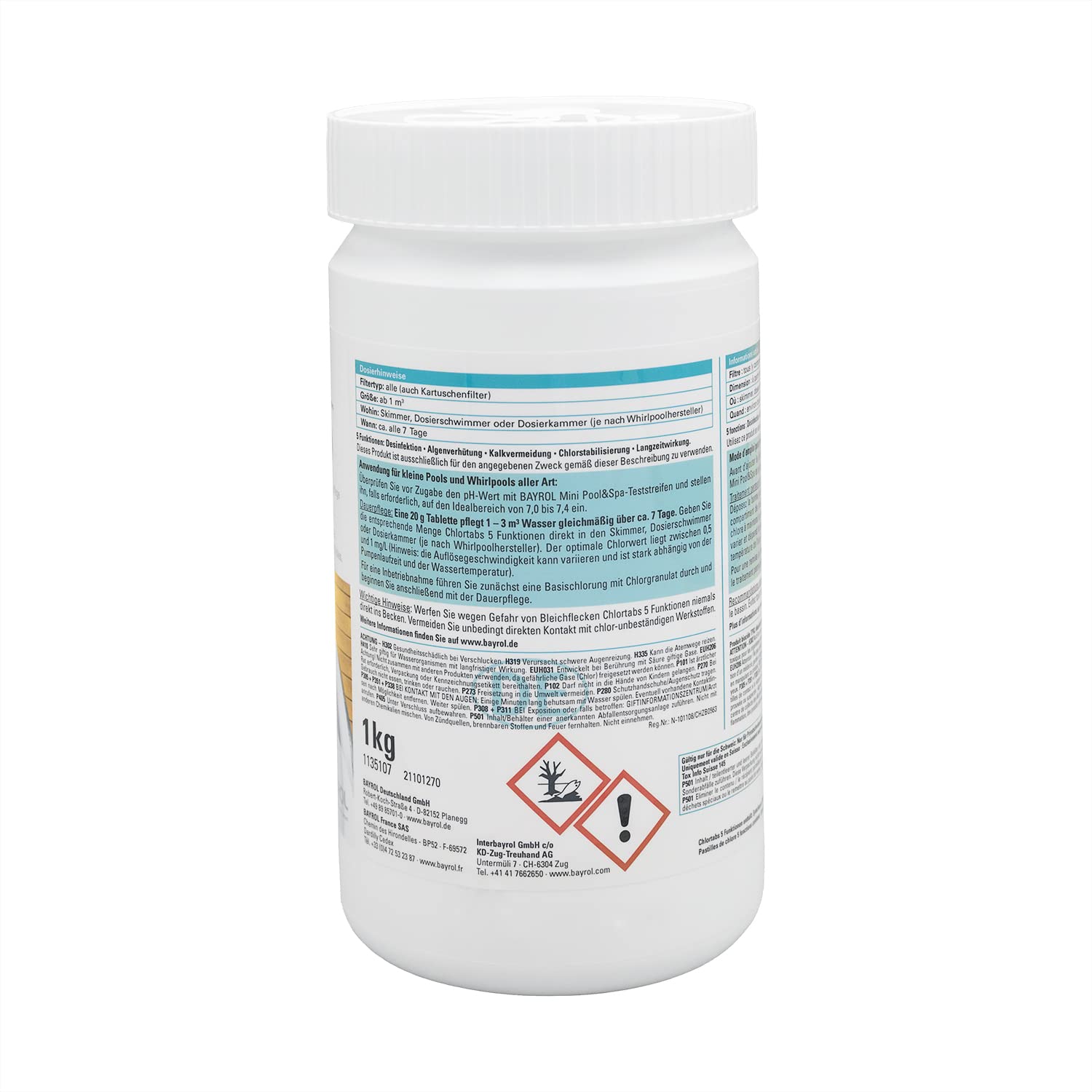 BAYROL Mini Pool & Spa CHLORE 5 FONCTIONS Pastilles 20g - 1kg | Chlore Lent Stabilisé Multiaction - Désinfection Régulière Multifonction - Petite Piscine, Hors-Sol, Spa Gonflable + 10 Tests HPS OFFERT