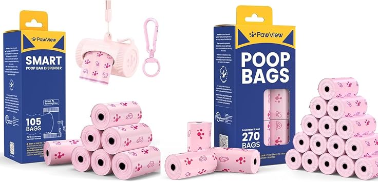 Poop Bag Dispenser Set Included 105 Bags & 270 Poop Bags Refill, Leak Proof and Extra Thick Lavender Pet Waste Bags, 70% Recycled GRS Certified