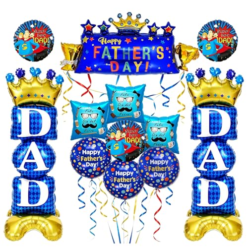 12Pcs Happy Fathers Day Balloons - Large 45 DAD Foil Standing Balloon Banner with Crown Star Confetti Super Hero Dad Theme Bilingual Balloons for Fathers Day Birthday Decorations