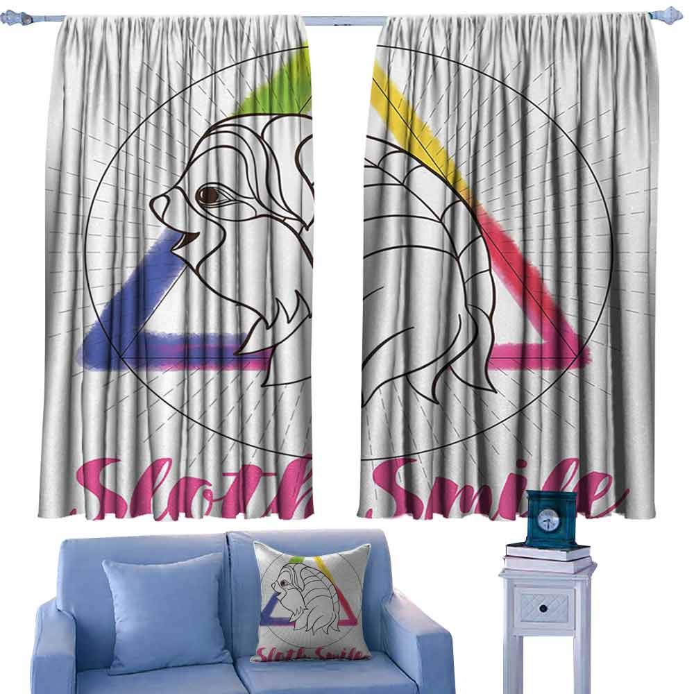Home Decoration Thermal Insulated Curtains 63"W x 72"L for Bedroom Nursery Living Room Sloth Smiling Sloth on Background with Sacred Geometry Symbol and Rainbow Watercolor Pink Blue Green